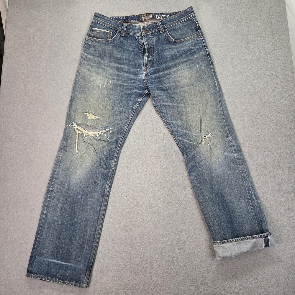 Timberland Jeans Mens Blue Baggy Straight Thrashed‎ Button Selvedge Fits 34x30